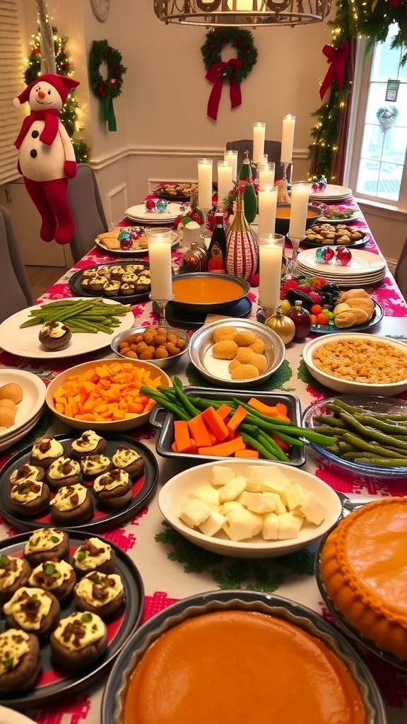 A vibrant Christmas potluck spread featuring stuffed mushrooms, cheese board, roasted vegetables, and pumpkin pie.
